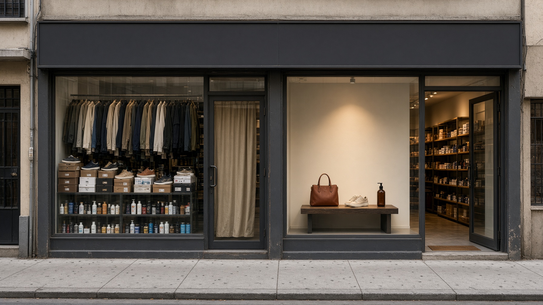 Fachada de tienda pequeña con vitrina y puerta de vidrio, vista desde la vereda